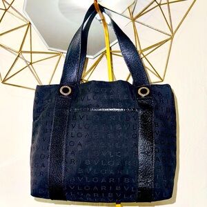 Bvlgari Logomania Mania Nylon & Leather Handbag Black 11” x 9” with pocket - EUC